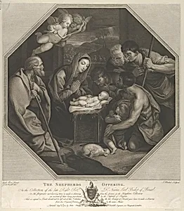 The infant Christ lying on a wooden box, the Virgin kneeling in prayer before him, Saint Joseph at left, shepherds at right, in an octagonal frame, after Reni by Guido Reni|Josiah Boydell|John Boydell|Jean-Baptiste Michel