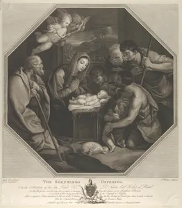 The infant Christ lying on a wooden box, the Virgin kneeling in prayer before him, Saint Joseph at left, shepherds at right, in an octagonal frame, after Reni