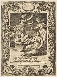 The infant Hercules killing the snakes, set within an elaborate frame, from "Loves, Rages and Jealousies of Juno" by Giulio Bonasone