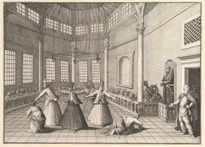 The Inside of a Mosque, the Dervishes Dancing (Aubry de La Mottraye's "Travels throughout Europe, Asia and into Part of Africa...," London, 1724, vol. I, pl. 16)