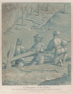 The invention of the cross; three men lifting a cross from a trench; from 'Recueil d'estampes d'après les plus beaux tableaux et d'après les plus beaux desseins qui sont en France, Cabinet Crozat' after a drawing by Pinturicchio