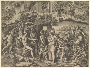 The Judgment of Paris; Paris seated on a rock choosing between the goddesses Venus, Juno, and Minerva, the god Mercury with a caduceus in between them