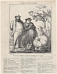 The king of pumpkins receiving the homage of his subjects, from 'Autumn sketches,' published in Le Charivari, September 23, 1865 by Destouches|Honoré Daumier|Aaron Martinet