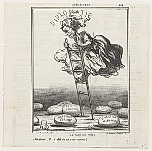 The lady of the eggs: Watch out! It's important not to break any of them!, from 'News of the day,' published in Le Charivari, November 24, 1866 by Destouches|Honoré Daumier|Arnaud de Vresse