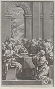 The Last Supper, the interior of a classical building with Christ and his apostles seated at a table