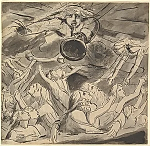 The Last Trumpet (recto); Two studies of a right eye, a profile of an open-mouthed young man, the head of an eagle, and the head of a lion (verso) by William Blake