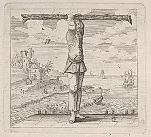 The letter T standing on a pier holding a tree trunk by Anonymous, Italian, Bolognese 18th century artist