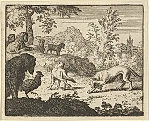 The Lion Allows a Fight Between the Wolf and Renard from Hendrick van Alcmar's Renard The Fox by Allart van Everdingen