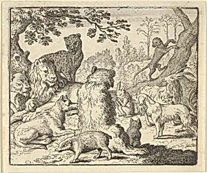 The Lion Orders All the Animals to Follow Him to Renard's Burrow from Hendrick van Alcmar's Renard The Fox by Allart van Everdingen