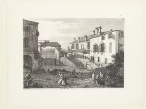The Locks at Dolo, an oval-shaped basin with boats at center, buildings on either side, a fruit vendor and groups of figures in the foreground, from 'Views' (Vedute altre prese da i luoghi altre ideate da Antonio Canal)