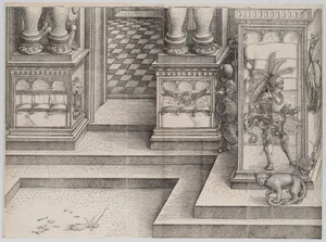 The Lower Portion of the Entryway to the Left Portal (Die Porten des Lobs); and the Outer Left Sockel of the Central Portal, from the Arch of Honor, proof, dated 1515, printed 1517-18