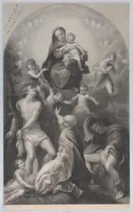 The Madonna of Saint Sebastian, with the Virgin and Child, surrounded by angels, looking down at Saint Sebastian, Saint Germinianus, and Saint Roch