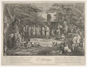 The Marriage (Le Mariage): in a forest, an old satyr marries the betrothed in center, musicians to right, old satyrs with canes to the left, a couple consulting an old philosopher to left in the foreground, from 'The lives of satyrs' (La vie des satyres)