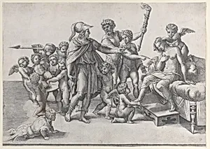 The marriage of Alexander and Roxana; Alexander surrounded by putti, offering a crown to Roxana who is seated at right by Giovanni Jacopo Caraglio|Raphael (Raffaello Sanzio or Santi)