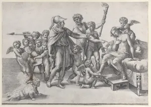 The marriage of Alexander and Roxana; Alexander surrounded by putti, offering a crown to Roxana who is seated at right