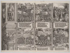 The Marriage of Philip the Fair to Joanna of Austria; Maximilian Recaptures the Occupied Territories from Hungary; The Conquest of Hungary; The Swiss War; The Liberation of Naples; and The Battle of Wenzenberg, from the Arch of Honor, proof, dated 1515, printed 1517-18
