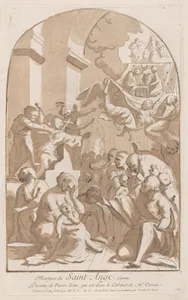 The martyrdom of Saint Angelo who in the upper left is being stabbed watched by horrified onlookers, from the 'Cabinet Crozat'