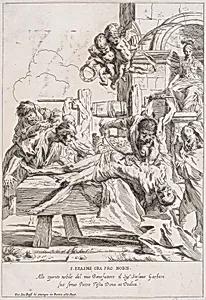 The martyrdom of Saint Erasmus who is prostrate having his innards removed by Pietro Testa|Anonymous, 17th century|Giovanni Giacomo De Rossi