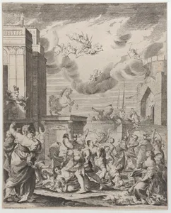 The massacre of the innocents set against a townscape
