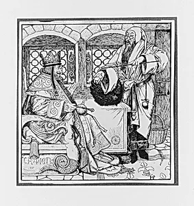 The Master of the Black Arts Bringeth a Curious Little Black Hen to the King, for "The Wonder Clock" by Howard Pyle