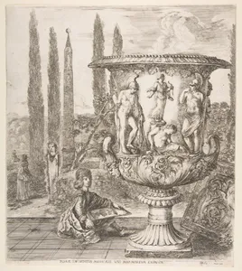 The Medici vase, a large vase to right decorated with a representation of the sacrifice of Iphigenia, on a garden terrace, a teenage boy seated to left with a pen and paper with a drawing of the vase, cyprus trees and an obelisk to left in the background, from "Six large views, four of Rome, and two of the Roman countryside" (Six grandes vues, dont quatre de Rome et deux de la Campagne romaine)