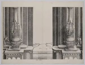 The Middle Section of the Entryway to the Central Portal, the Columns Decorated by Sirens and Sleeping Soldiers Behind, from the Arch of Honor, proof, dated 1515, printed 1517-18