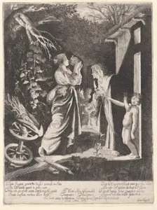 The Mocking of Ceres: a nocturnal scene with Ceres drinking from a jug of water given to her by Stellio at right