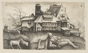 The old shepherd lying in a landscape, buildings behind, a goat and a sheep to the left