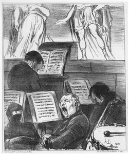 The Orchestra During the Performance of a Tragedy (L'orchestre pendant qu'on joue une tragédie), from Croquis Musicaux, published in Le Charivari, April 5, 1852