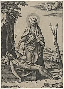 The Pietà: the Virgin standing over the dead Christ, her hands outspread by Marcantonio Raimondi|Raphael (Raffaello Sanzio or Santi)