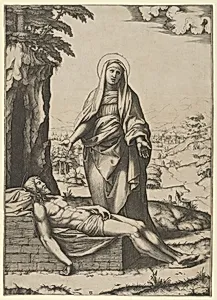 The Pietà: the Virgin standing over the dead Christ, her hands outspread by Marcantonio Raimondi|Raphael (Raffaello Sanzio or Santi)
