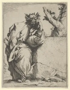 The poet, standing crowned with laurel, leaning on a stone