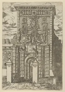 The Porta Galliera, the entrance gate to Bologna and drawbridge with temporary decorations for the entry of Pope Clement VIII in Bologna in 1598
