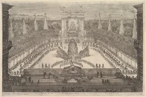 The Prince of Tuscany and his chariots arranged around Mount Atlas in center, a fountain at center in the foreground, a large arch displaying the Medici and the Orleans coats of arms in the background, spectators surrounding all sides, from 'Il mondo festeggiante'