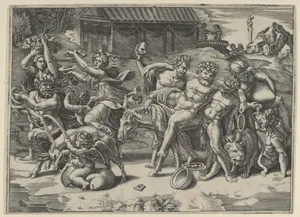 The procession of Silenus who is carried on an ass preceeded by a bacchant playing the cymbals and other figures by Agostino Veneziano (Agostino dei Musi)|Giulio Romano|Raphael (Raffaello Sanzio or Santi)