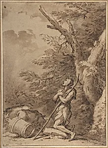 The Prodigal Son Kneeling Repentant among Swine