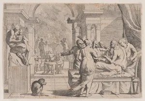 The prodigal son seated on a couch being served wine, revelers in the background, a monkey wearing a collar and chain in the lower left, from a series of four prints
