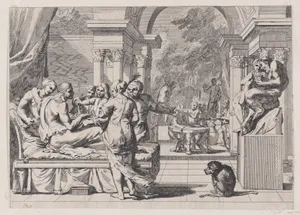 The prodigal son seated on a couch being served wine, revelers in the background, a monkey wearing a collar and chain in the lower right