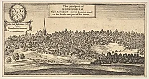 The Prospect of Bermingham [Birmingham], from Ravenshurst (neere London-road) on the South-east part of towne (from Dugdale's "The Antiquities of Warwickshire," 1656, p. 957) by Wenceslaus Hollar|Sir William Dugdale