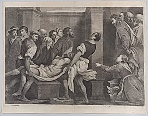 The raising of Lazarus, who is carried by three men at left, while his sister and Christ look on at right; from 'Theatrum Pictorium', after Pordenone by Giovanni Antonio da Pordenone (Giovanni Antonio de Sacchis)|David Teniers the Younger|Jan van Troyen