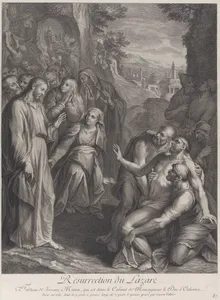 The Raising of Lazarus, with Christ standing at left