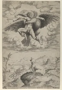 The Rape of Ganymede by Jupiter in the guise of an eagle carrying him into the heavens, his dog barking below
