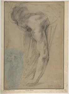 The Reclining Headless Body of Holofernes; Study of Female Semi-Nude Figure (on a small separate, unrelated sheet of blue paper, pasted onto the lower left of the large sheet)