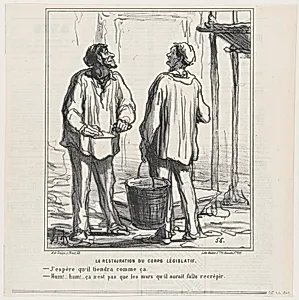 The restoration of the legislative body: –Hope that it will hold like this. –Hum... hummm! Maybe it wasn't enough to just re-plaster the walls., from 'News of the day,' published in Le Charivari, October 20, 1869 by Honoré Daumier|Walter Frères|Arnaud de Vresse