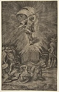 The resurrection of Christ, holding a banner in his right hand, soldiers surrounding the tomb, some falling away by Giulio Bonasone|Titian (Tiziano Vecellio)