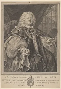 The Right Reverend Father in God, Dr. Benjamin Hoadly, Lord Bishop of Winchester, Prelate of the Most Noble Order of the Garter, Aet. 67. A.D. 1743