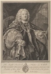 The Right Reverend Father in God, Dr. Benjamin Hoadly, Lord Bishop of Winchester, Prelate of the Most Noble Order of the Garter, Aet. 67. A.D. 1743