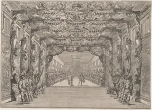 The Roman curia with guards in the anteroom; set design from 'Il Fuoco Eterno'