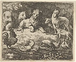 The Rooster Accuses Renard of the Murder of One of His Chickens from Hendrick van Alcmar's Renard The Fox by Allart van Everdingen