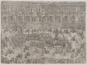 The running of the Quintana and the breaking of the spears (Zu der Quintana rennen und Spiess brechen), from a series depicting the wedding of Wolfgang Wilhelm, Duke of Pfalz-Neuberg, Pfalzgraf, and Magdalena, Duchess of Bavaria, in Munich, 1613 (Plate 10)